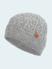 Gray knit beanie with a brown label on a white background