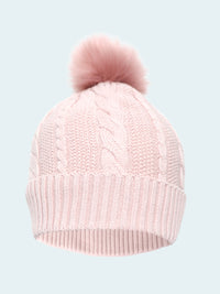 Pink knit beanie with a fluffy pom-pom on a white background