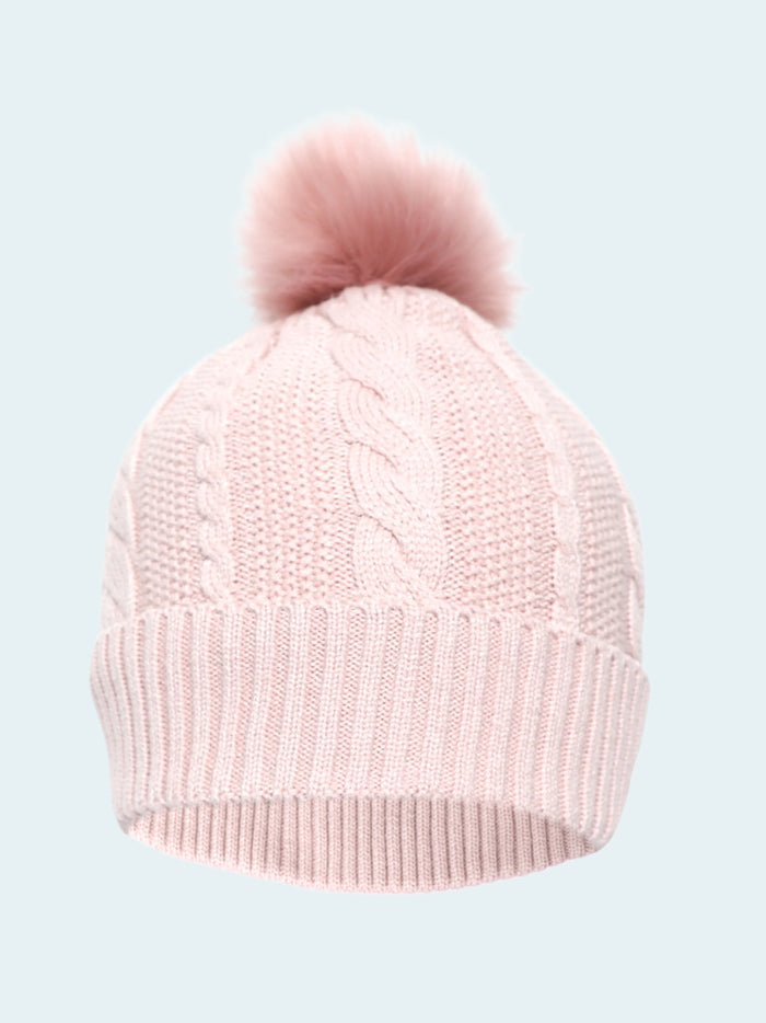 Pink knit beanie with a fluffy pom-pom on a white background