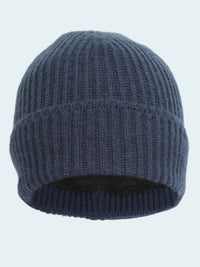 Blue knit beanie on a white background