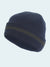Blue knit beanie with a green stripe on a white background