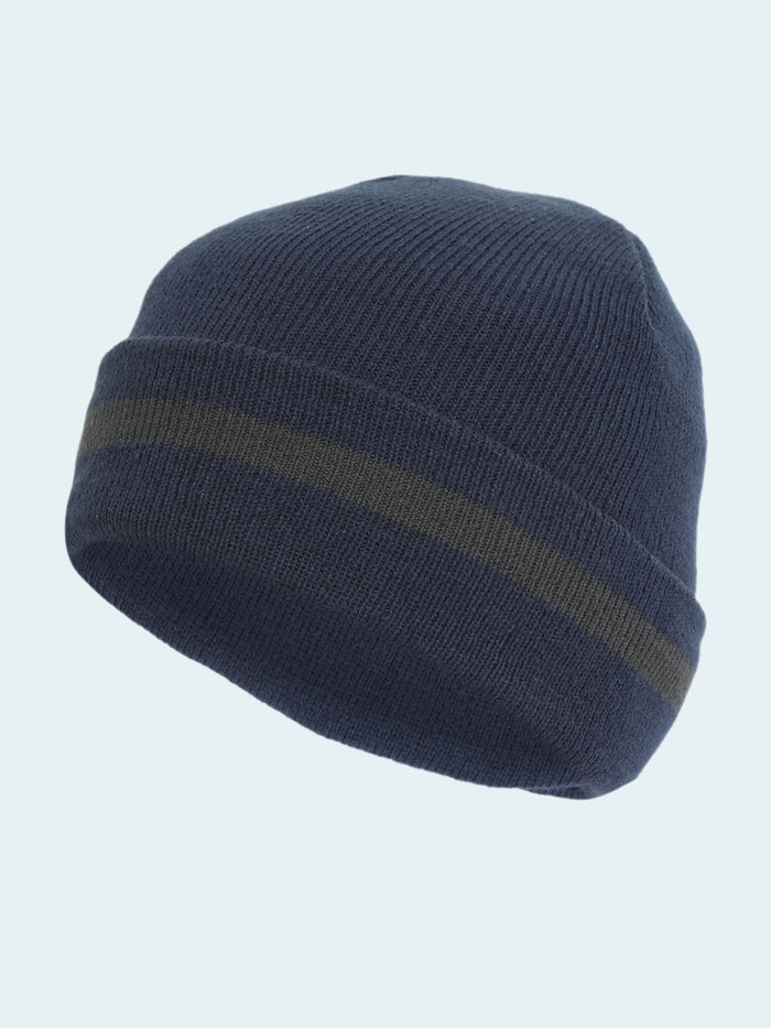 Blue knit beanie with a green stripe on a white background