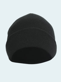 Black knit beanie on a white background