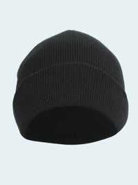 Black knit beanie on a white background