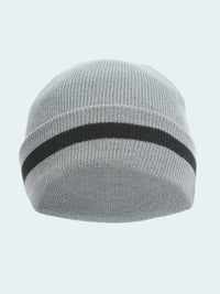 Gray knit beanie with a black stripe on a white background