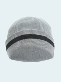 Gray knit beanie with a black stripe on a white background