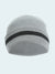 Gray knit beanie with a black stripe on a white background