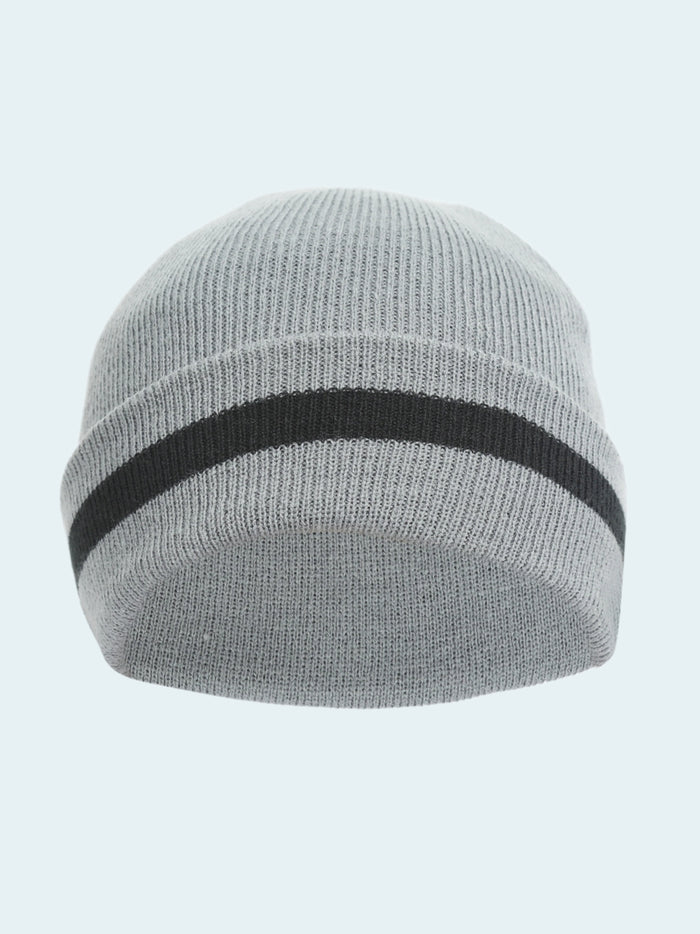 Gray knit beanie with a black stripe on a white background