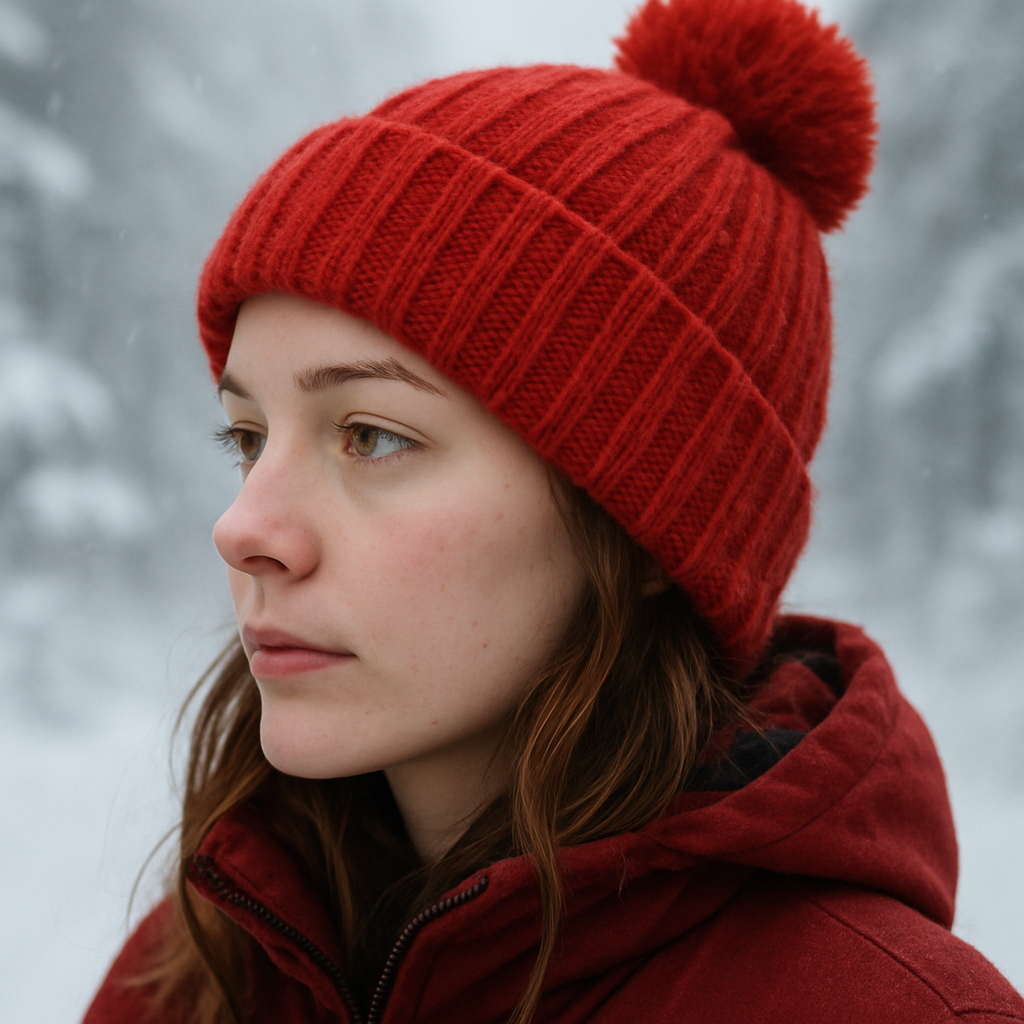 Woman wearing a red knit beanie with a pom-pom in a snowy forest setting