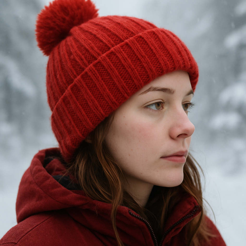 Person wearing a red knit hat with a pom-pom in a snowy landscape