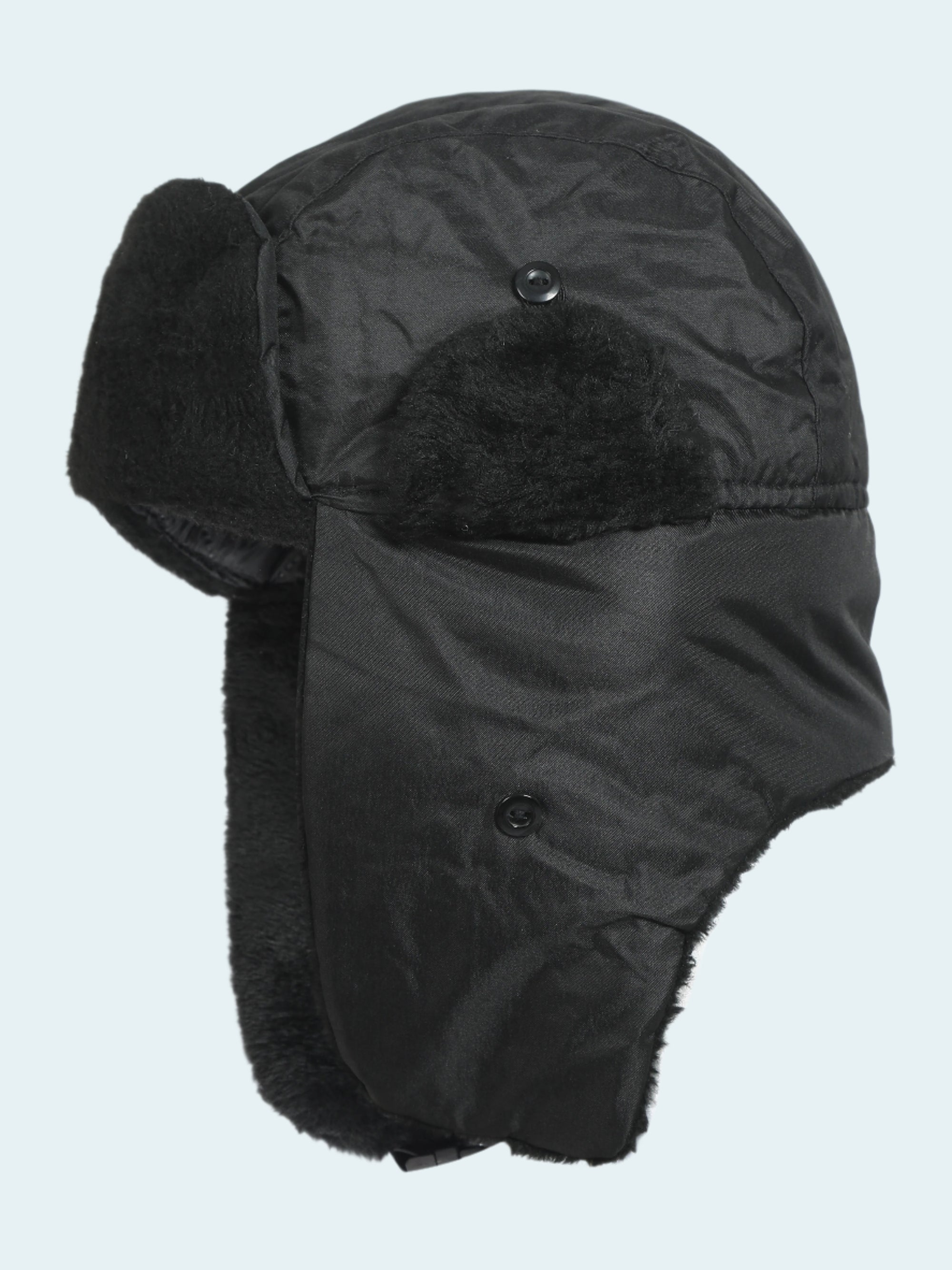 Black winter hat with ear flaps on a white background