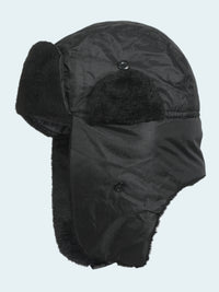 Black winter hat with ear flaps on a white background