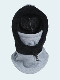 Black balaclava over a gray hood against a white background