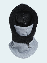 Black balaclava over a gray hood against a white background