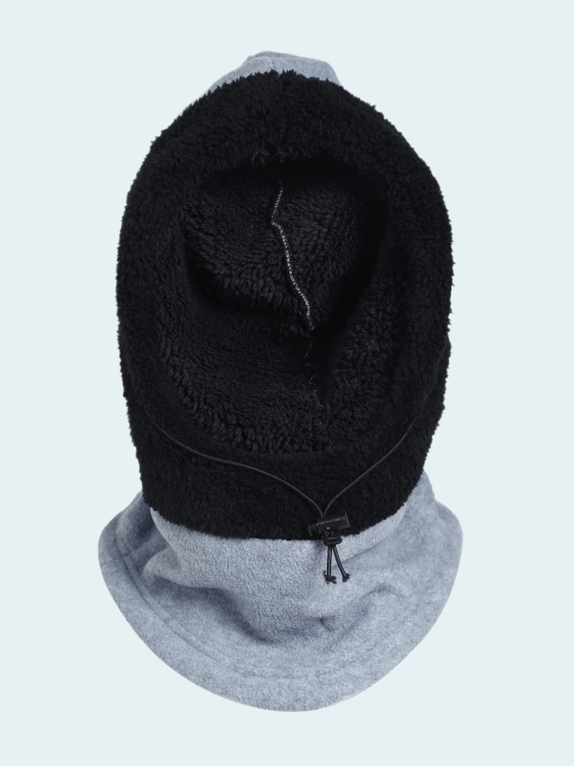 Black fleece hooded balaclava against a white background