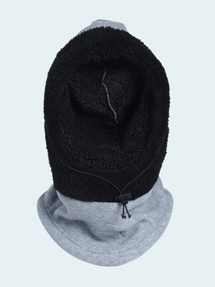 Black fleece hooded balaclava against a white background