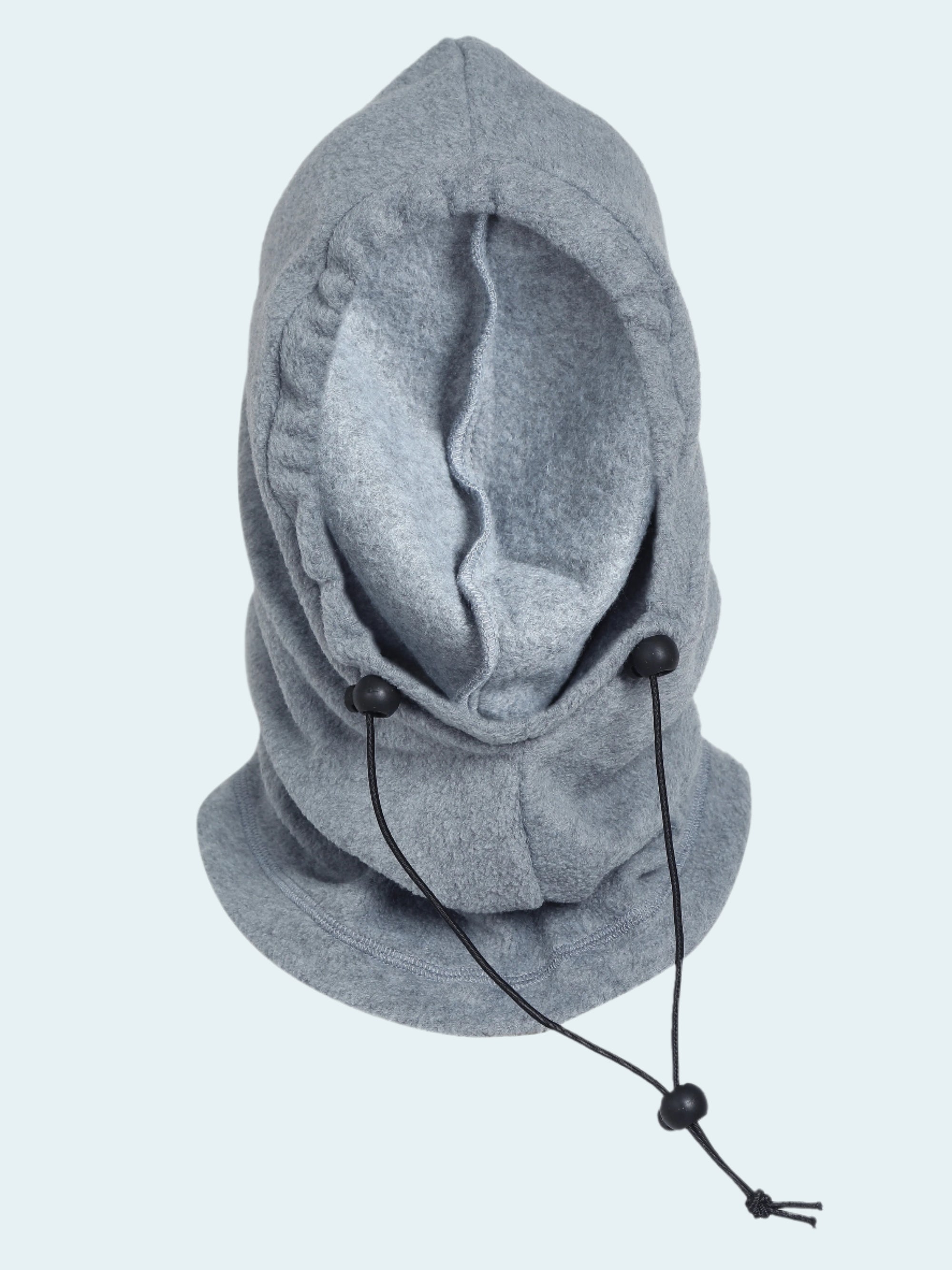 Gray hooded balaclava with ear flaps on a white background