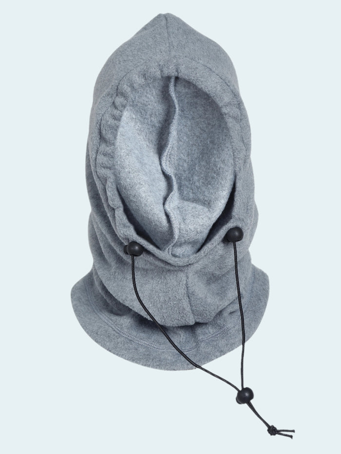 Gray hooded balaclava with ear flaps on a white background