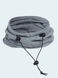 Gray balaclava with black drawstrings on a white background
