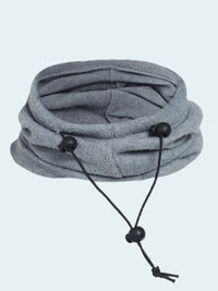 Gray balaclava with black drawstrings on a white background