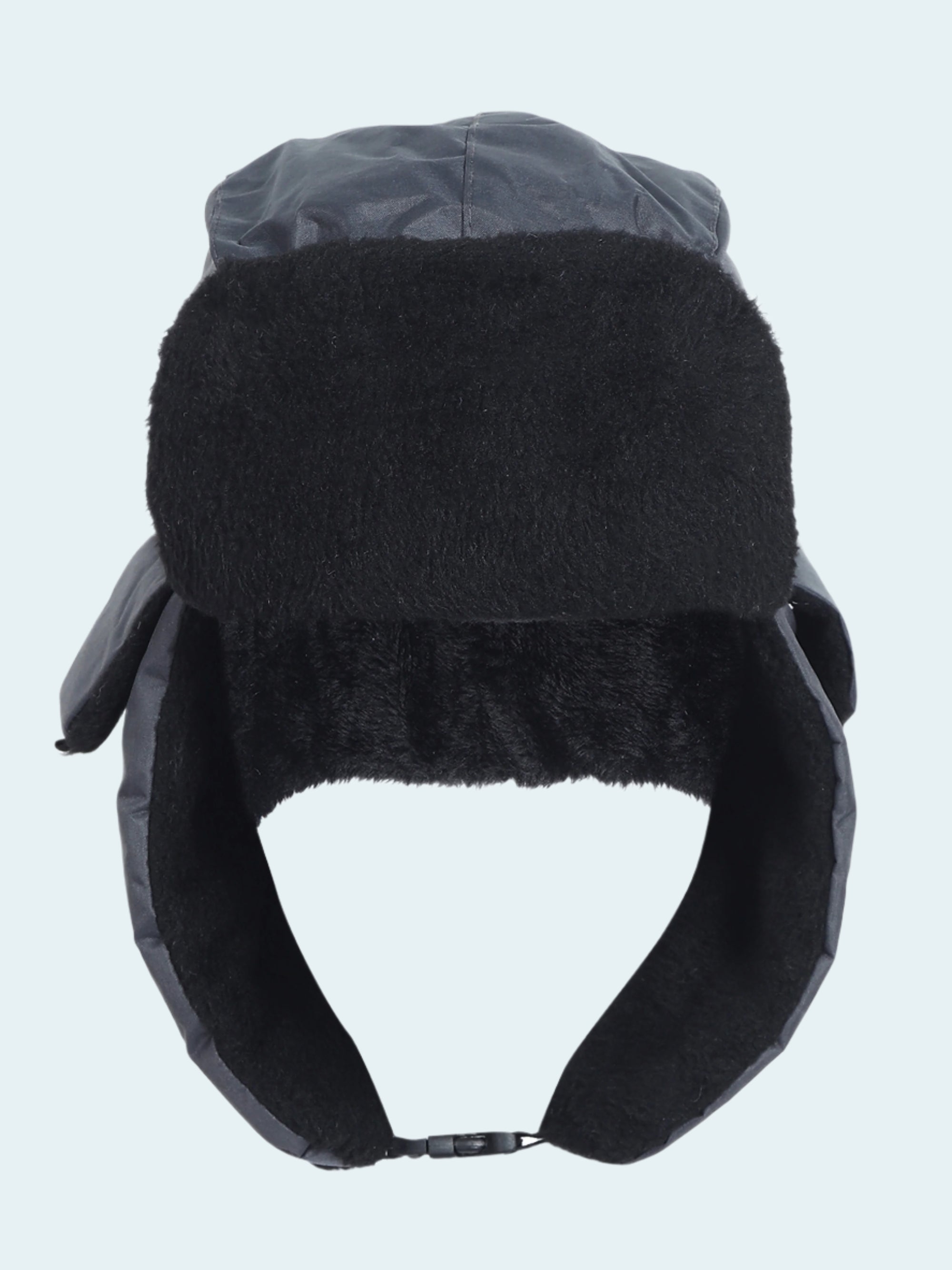 Black trapper hat with ear flaps on a white background