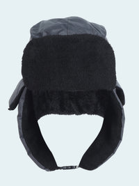 Black trapper hat with ear flaps on a white background