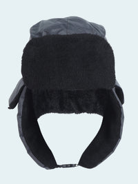 Black trapper hat with ear flaps on a white background