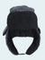 Black trapper hat with ear flaps on a white background
