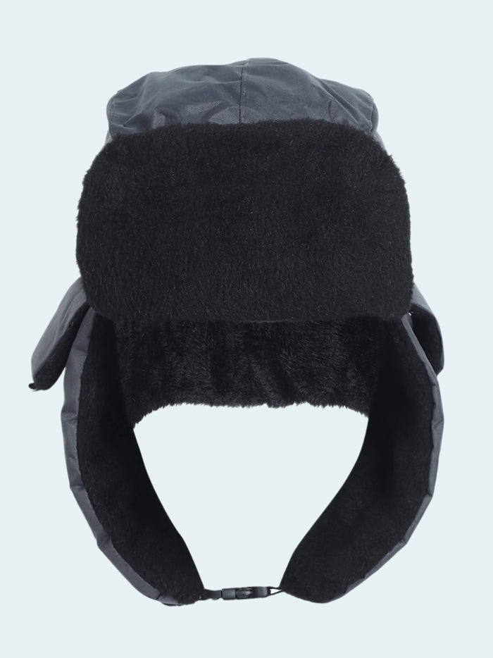 Black trapper hat with ear flaps on a white background