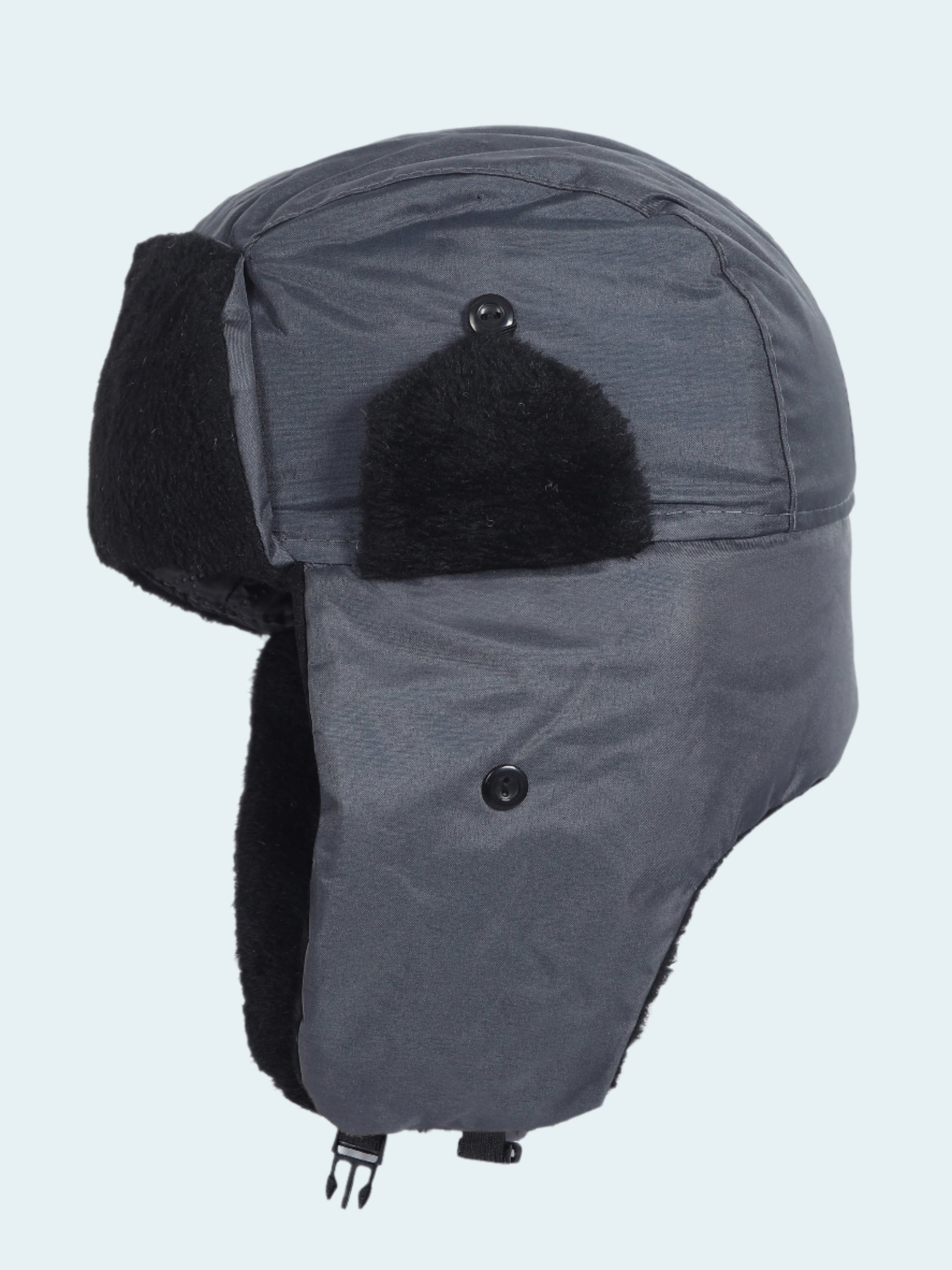 Gray winter hat with black fur ear flaps on a white background