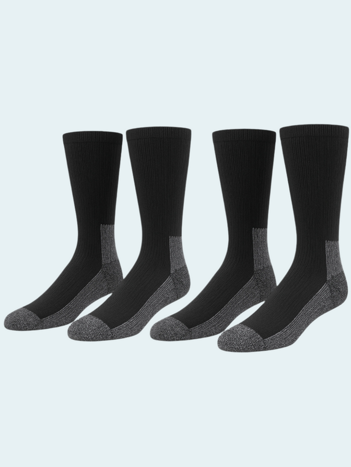 Five pairs of black socks with gray toes and heels on a light gray background
