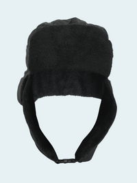 Black winter hat with ear flaps on a light gray background