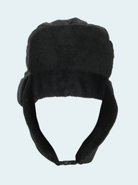 Black winter hat with ear flaps on a light gray background