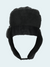 Black winter hat with ear flaps on a light gray background