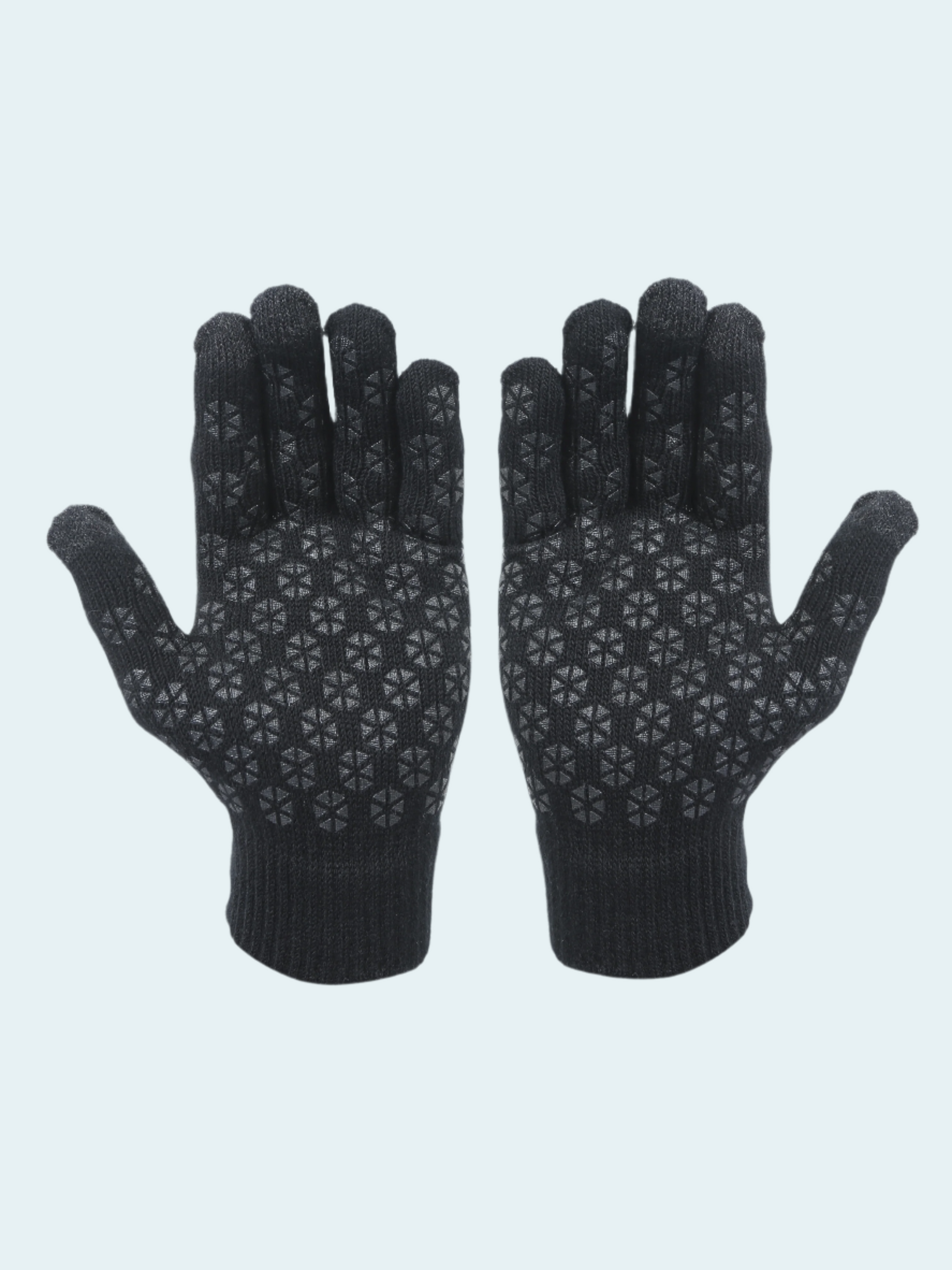Pair of black gloves with a pattern on a light gray background