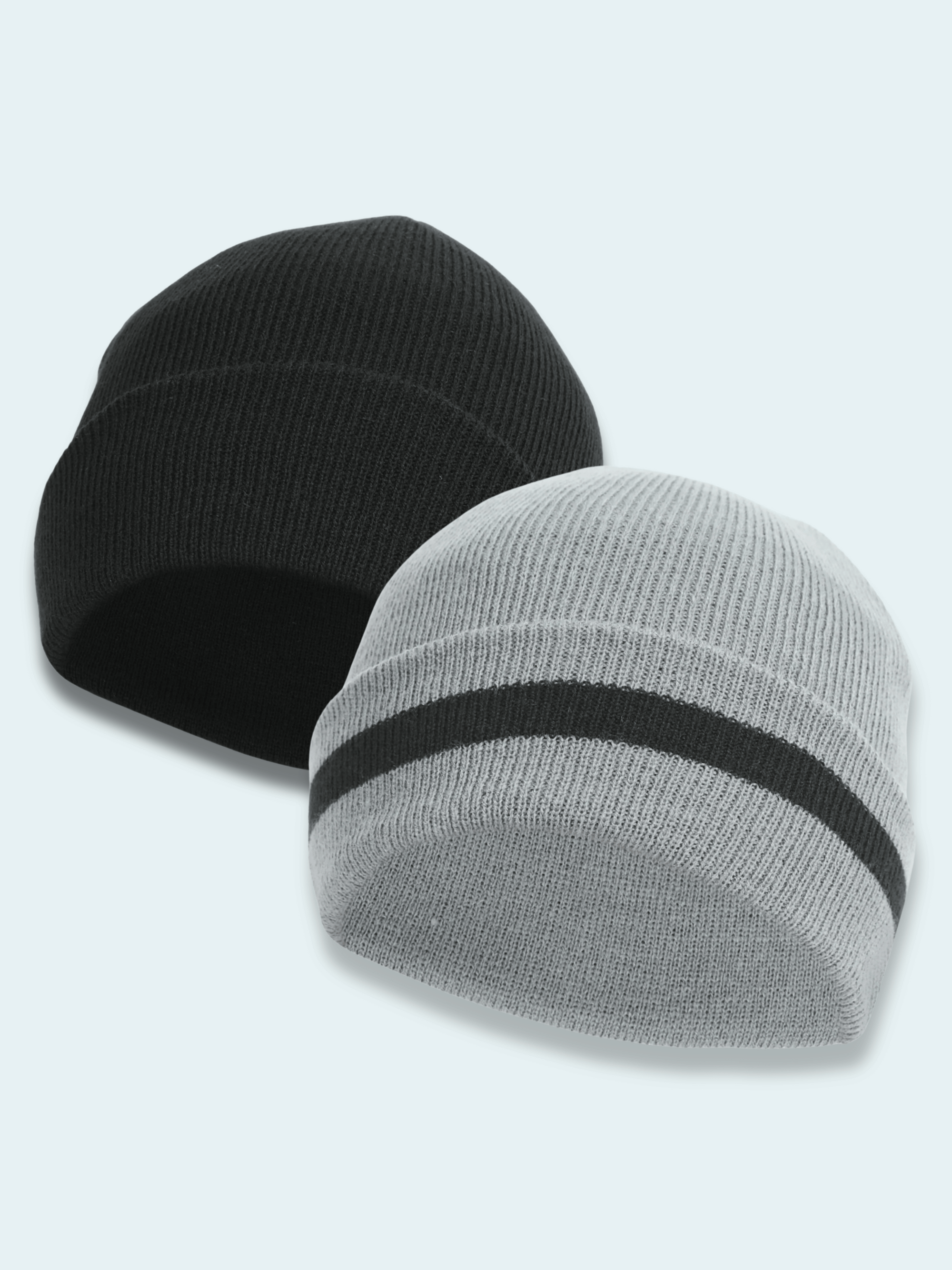 Two beanies, one black and one gray with a black stripe, on a light gray background.