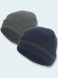 Two knit beanie hats, one charcoal and one navy with a charcoal stripe, on a light gray background.