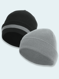 Black and gray beanie hats on a light gray background