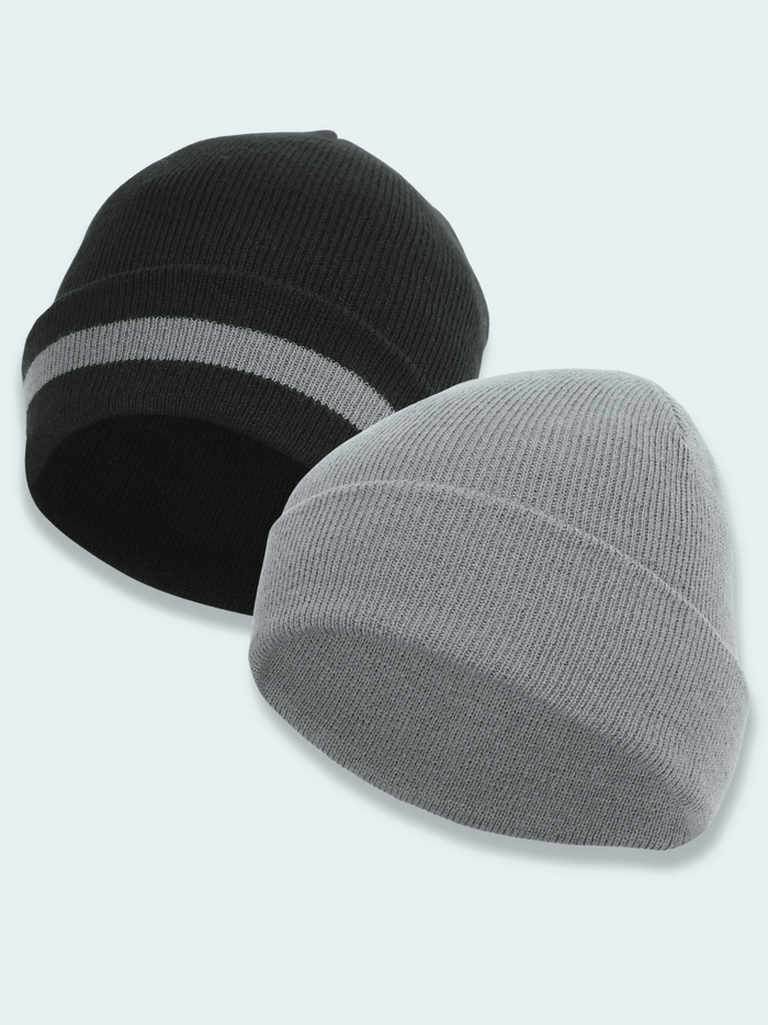 Black and gray beanie hats on a light gray background