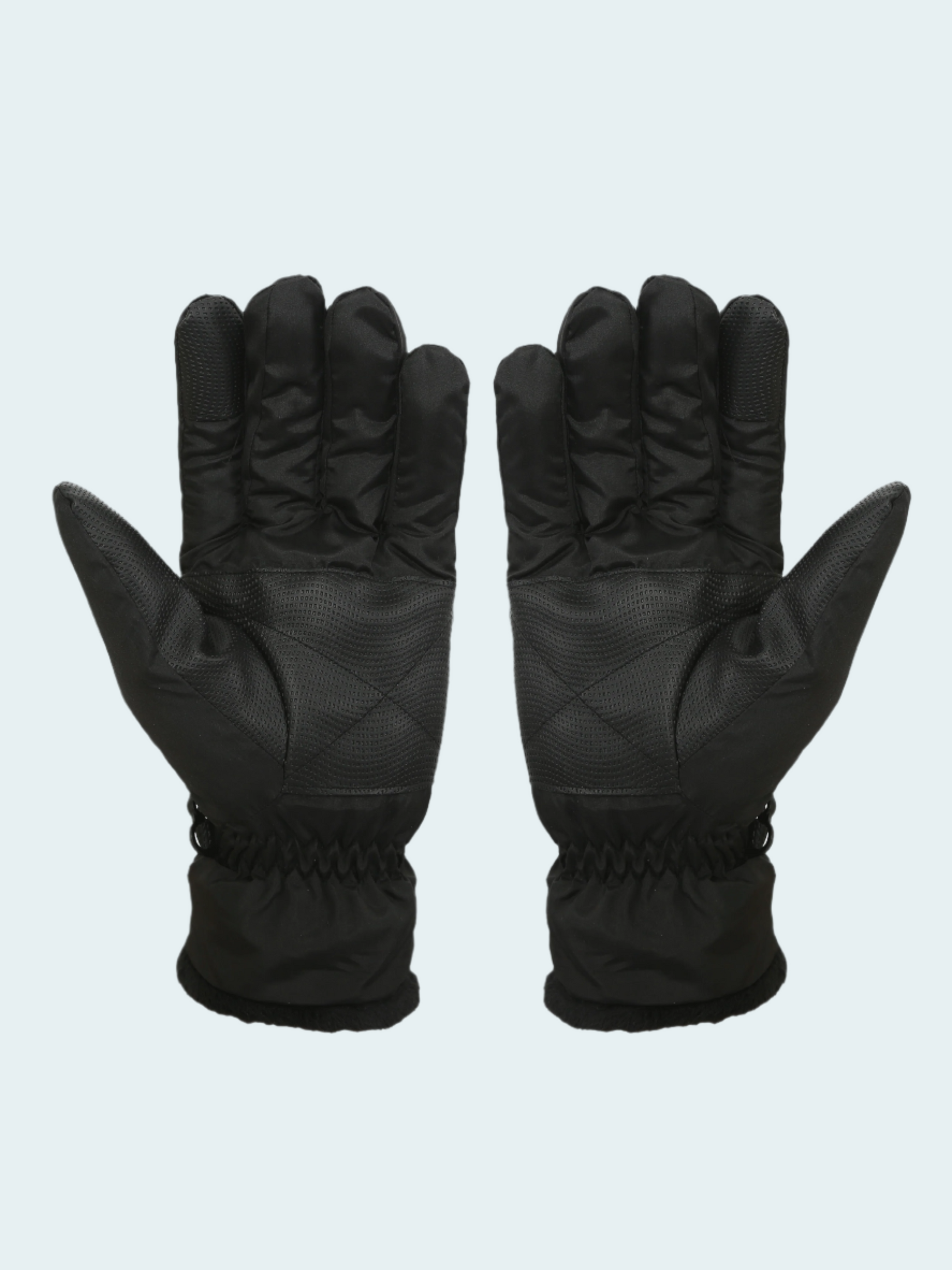 Pair of black gloves on a light gray background
