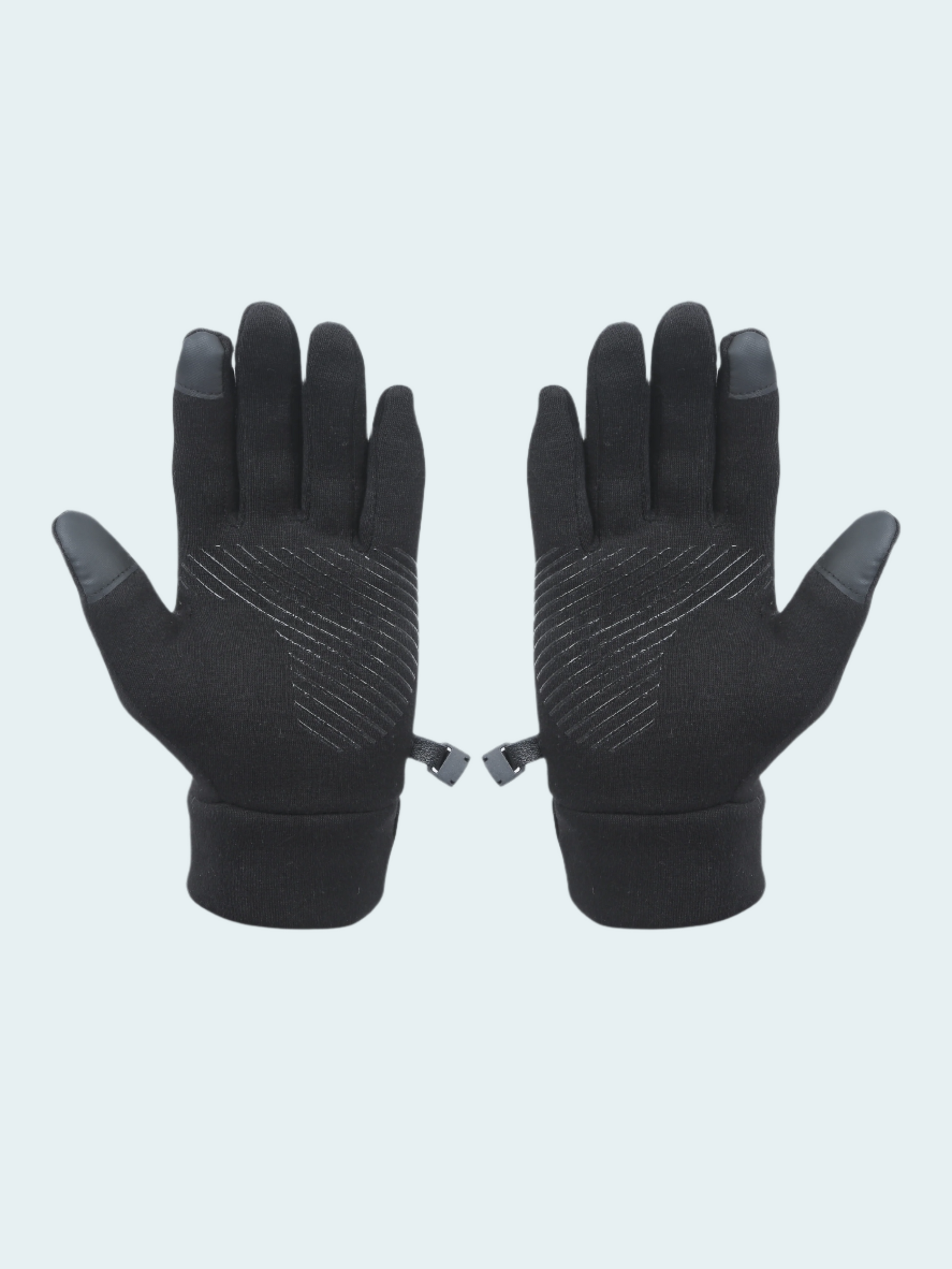 Pair of black gloves with gray accents on a light gray background