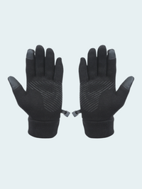Pair of black gloves with gray accents on a light gray background