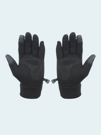 Pair of black gloves with gray accents on a light gray background