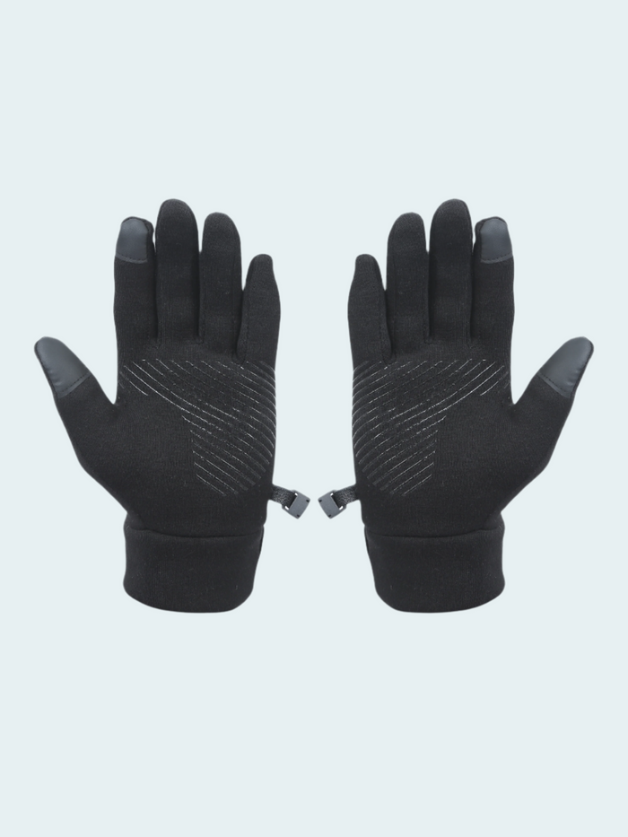 Pair of black gloves with gray accents on a light gray background