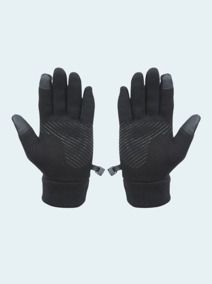 Pair of black gloves with gray accents on a light gray background