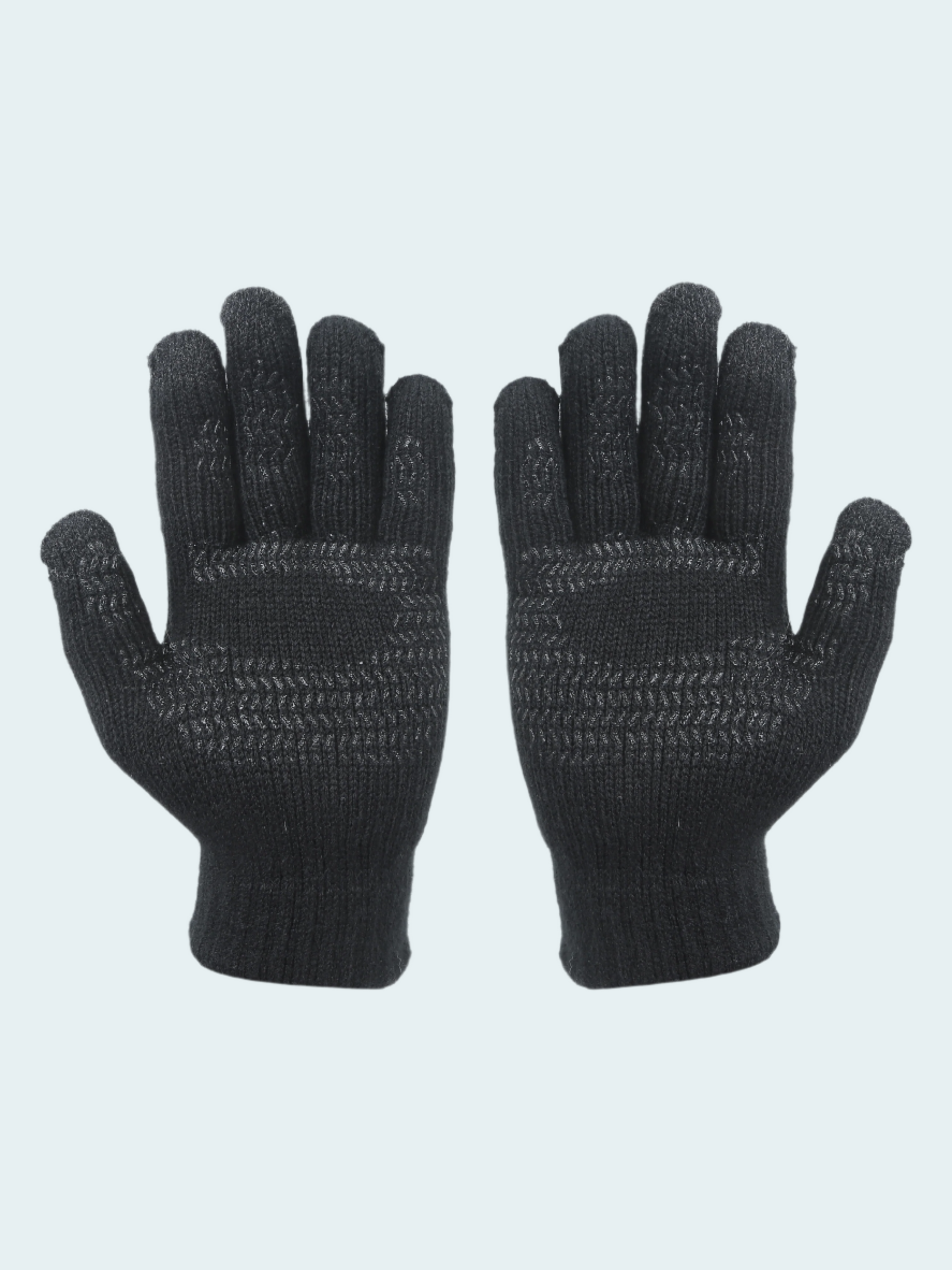 Pair of black gloves on a light gray background