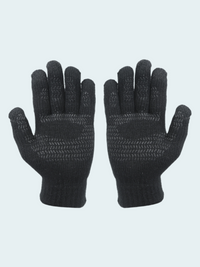 Pair of black gloves on a light gray background