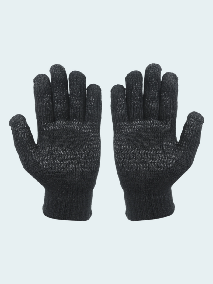 Pair of black gloves on a light gray background