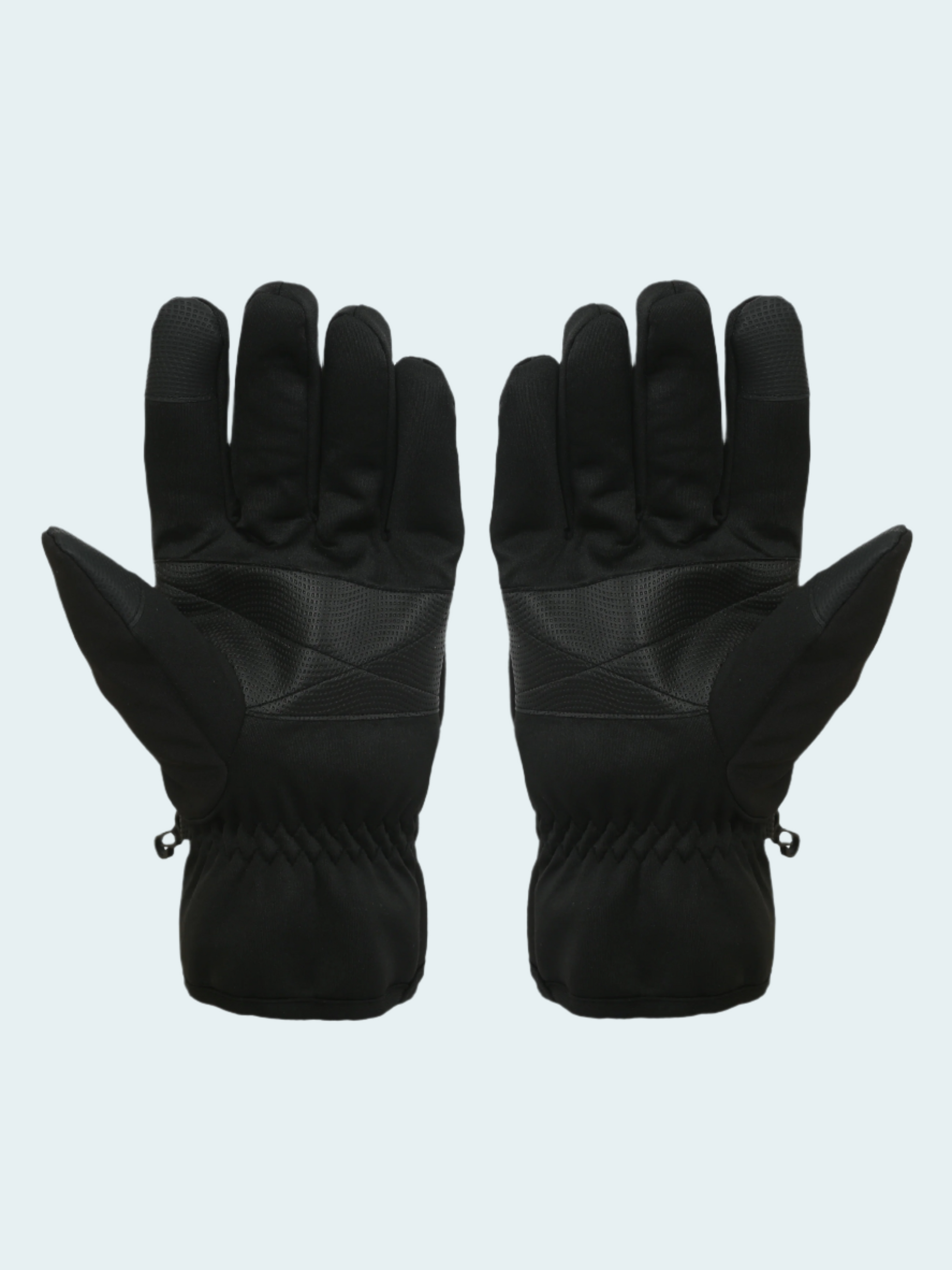 Pair of black gloves on a light gray background