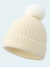 Beige knit beanie with a white pom-pom on a light blue background
